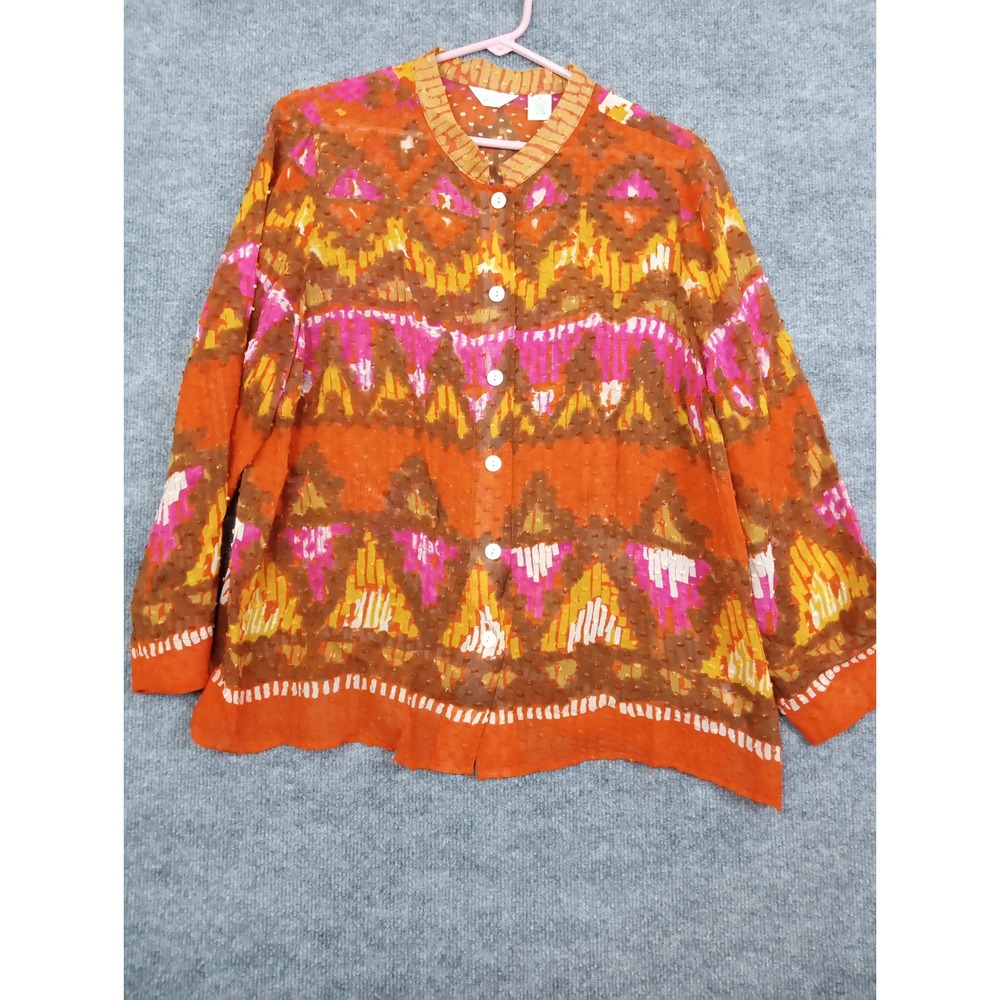 Laura Ashley Woman 1X Top Blouse Silk Cotton Orange Brown Geometric Print